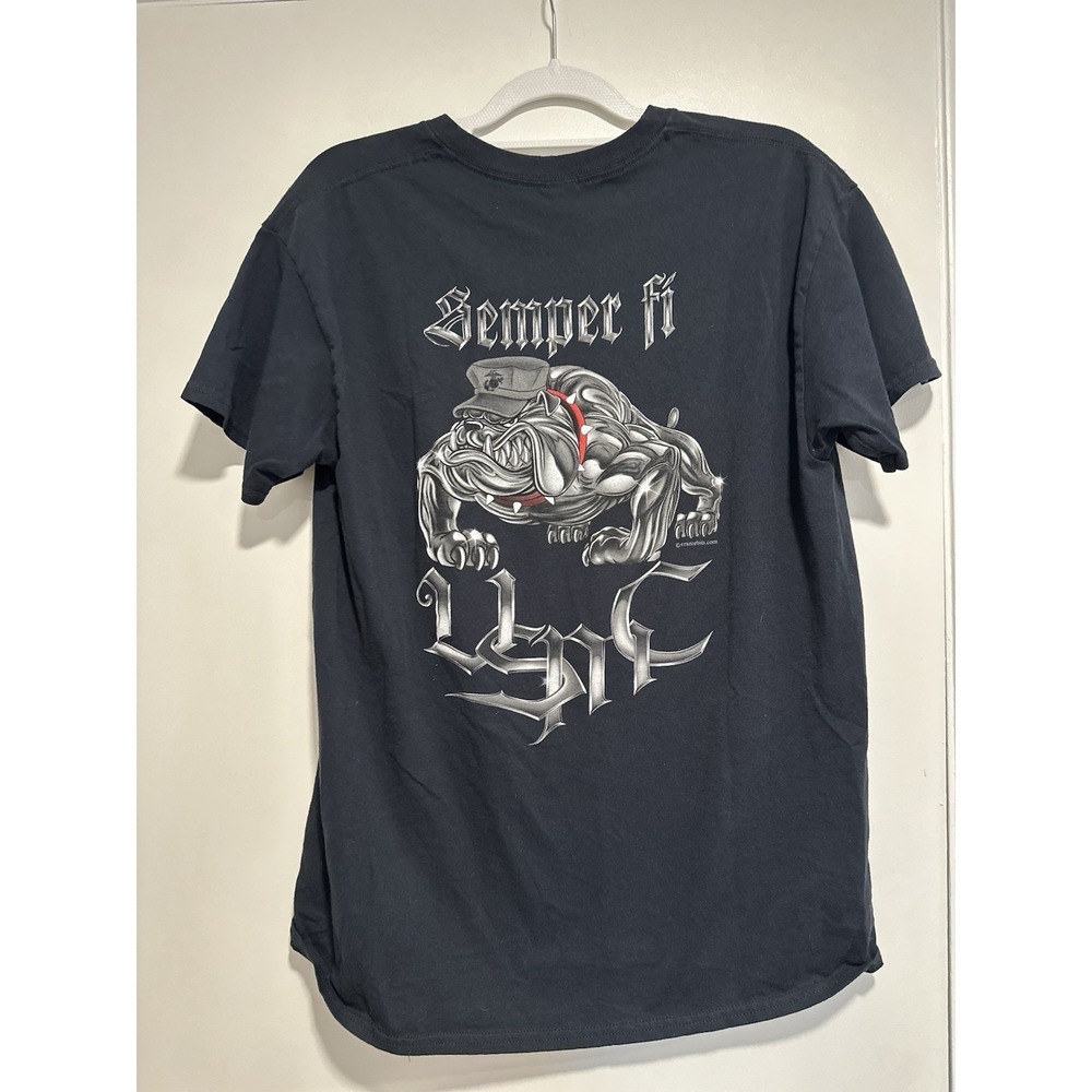 Gildan Military Semper Fi USMC Bulldog Graphic Tee Sz:Large Black Heavy Cotton